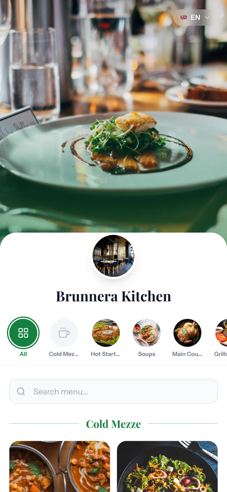 قائمة Brunnera Kitchen على هاتف، تعرض صورة الغلاف واسم المطعم وأقسام الأطباق.