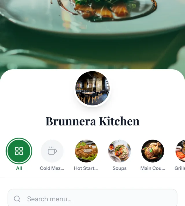 قائمة Brunnera Kitchen تعرض شعار المطعم واسمه وصفّ الأقسام.